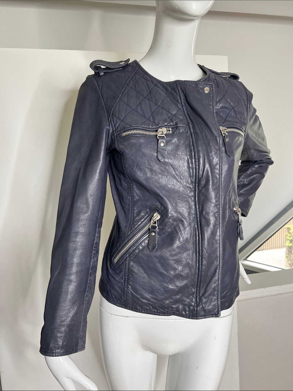 Isabel Marant Étoile Sz 38 Kady Leather Moto Jacket Ink Washed Blue